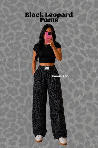 Black leopard solid pants